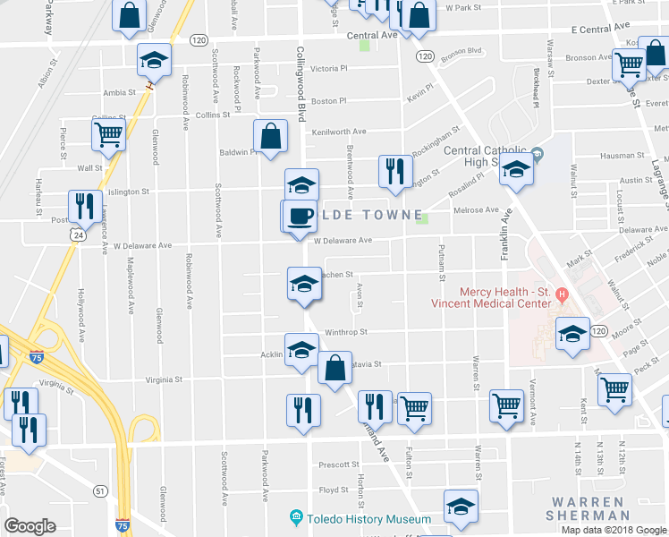 map of restaurants, bars, coffee shops, grocery stores, and more near 454 Machen Street in Toledo