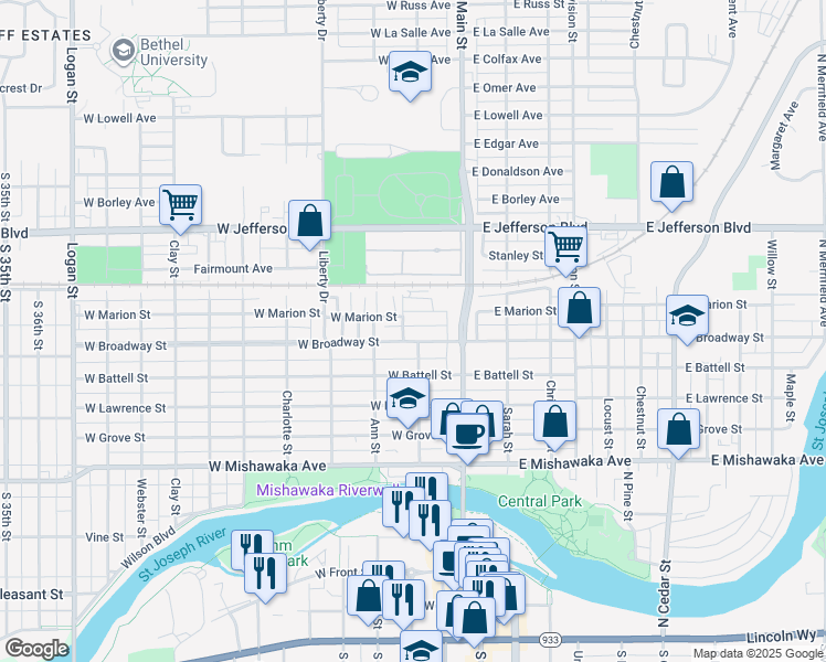 map of restaurants, bars, coffee shops, grocery stores, and more near 208 West Broadway Street in Mishawaka