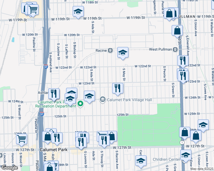 map of restaurants, bars, coffee shops, grocery stores, and more near 12309 South Elizabeth Street in Calumet Park
