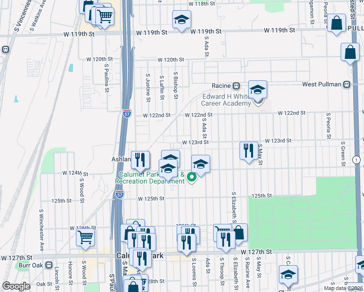 map of restaurants, bars, coffee shops, grocery stores, and more near 1415 West 123rd Street in Calumet Park