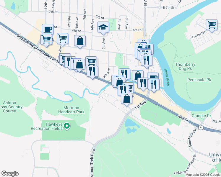map of restaurants, bars, coffee shops, grocery stores, and more near 320 2nd Street in Coralville