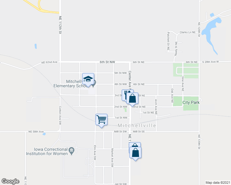 map of restaurants, bars, coffee shops, grocery stores, and more near 115 3rd Street Northwest in Mitchellville