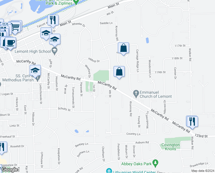 map of restaurants, bars, coffee shops, grocery stores, and more near 1140 McCarthy Road in Lemont