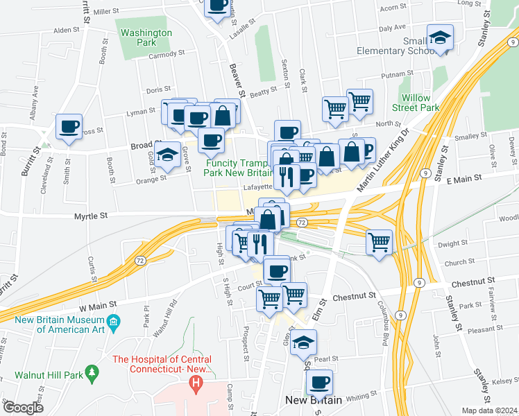 map of restaurants, bars, coffee shops, grocery stores, and more near 85 Myrtle St in New Britain