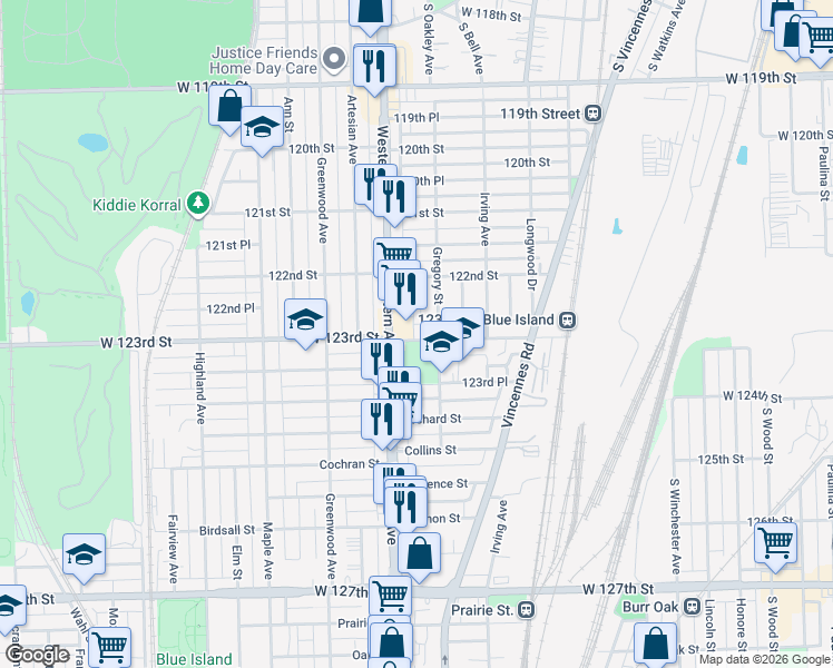 map of restaurants, bars, coffee shops, grocery stores, and more near 2338 West 123rd Street in Blue Island