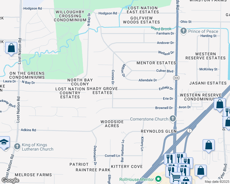 map of restaurants, bars, coffee shops, grocery stores, and more near 7116 Enfield Drive in Mentor