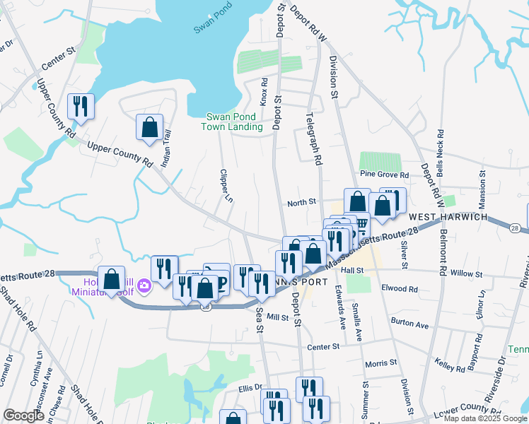map of restaurants, bars, coffee shops, grocery stores, and more near 18 Country Ln in Dennis