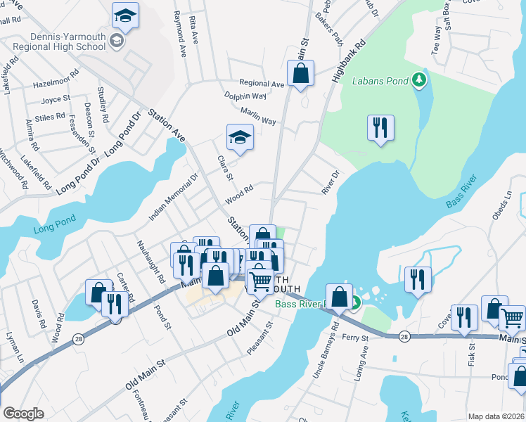 map of restaurants, bars, coffee shops, grocery stores, and more near 75 North Main Street in Barnstable