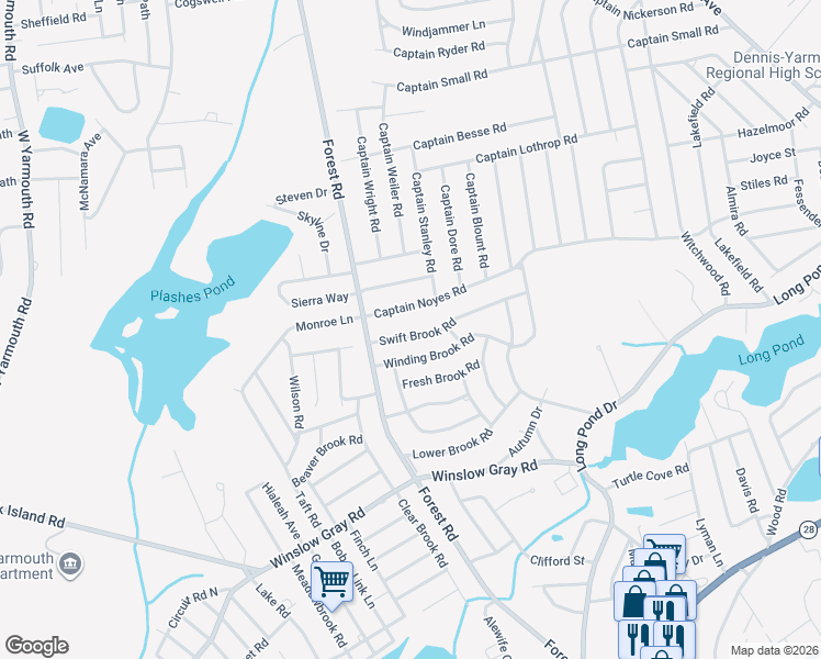 map of restaurants, bars, coffee shops, grocery stores, and more near 22 Swift Brook Road in Yarmouth