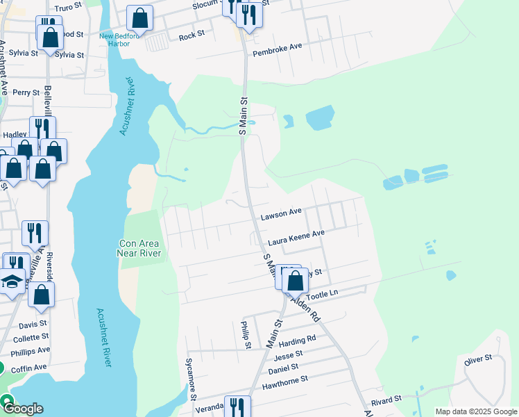 map of restaurants, bars, coffee shops, grocery stores, and more near 55 South Main Street in Acushnet