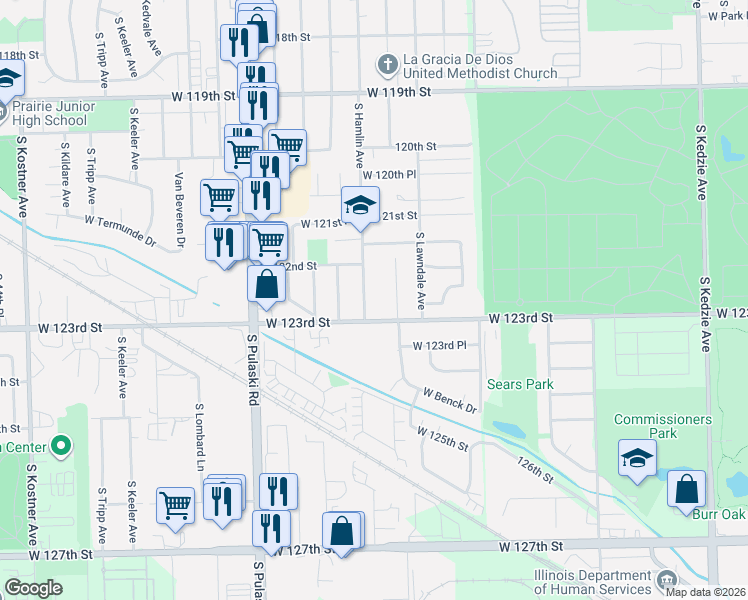 map of restaurants, bars, coffee shops, grocery stores, and more near 12236 South Ridgeway Avenue in Alsip