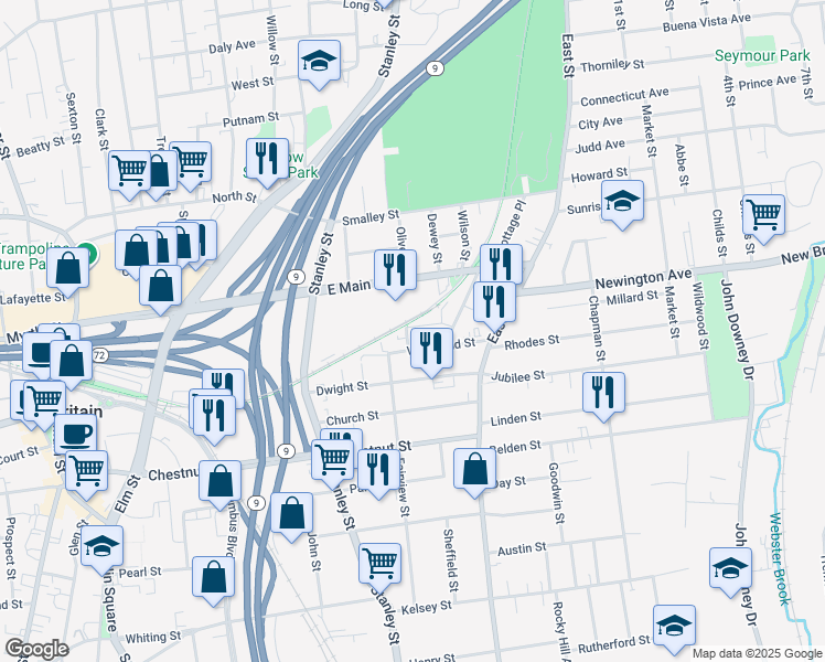 map of restaurants, bars, coffee shops, grocery stores, and more near 9 Yale St in New Britain