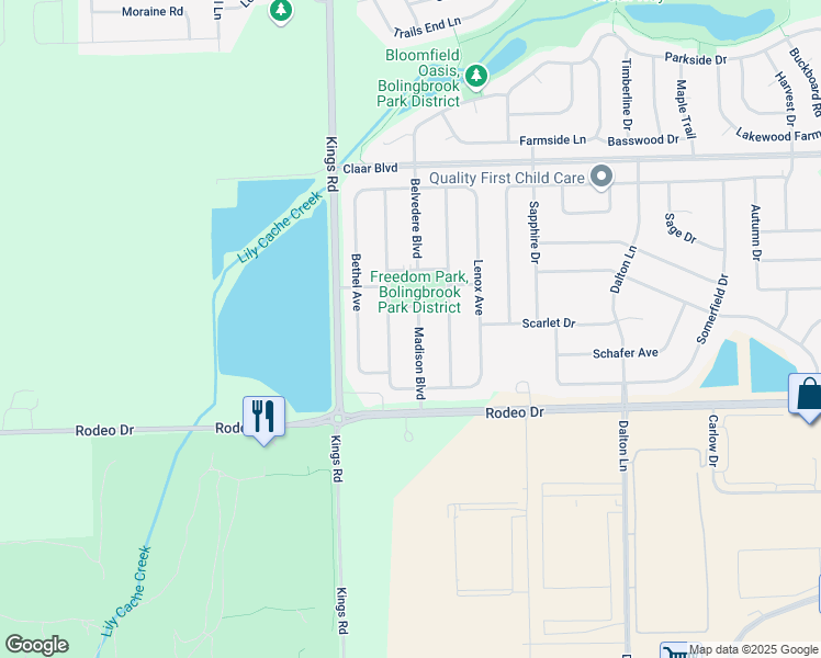 map of restaurants, bars, coffee shops, grocery stores, and more near 795 Madison Boulevard in Bolingbrook