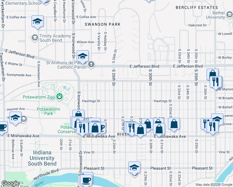 map of restaurants, bars, coffee shops, grocery stores, and more near 613 South 27th Street in South Bend