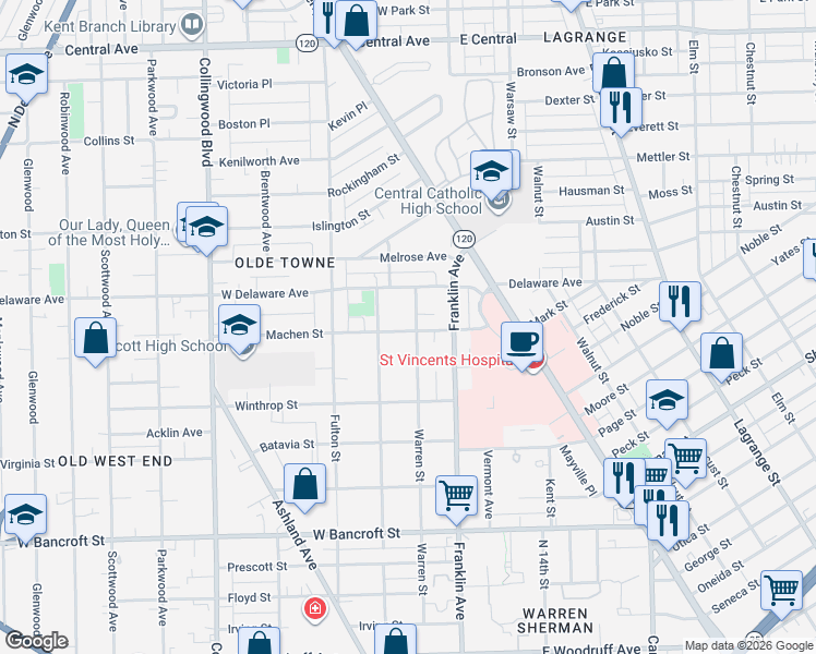 map of restaurants, bars, coffee shops, grocery stores, and more near 2440 Warren Street in Toledo