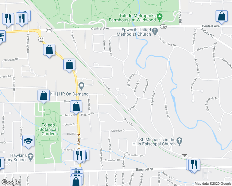 map of restaurants, bars, coffee shops, grocery stores, and more near 20 Stableside North in Toledo