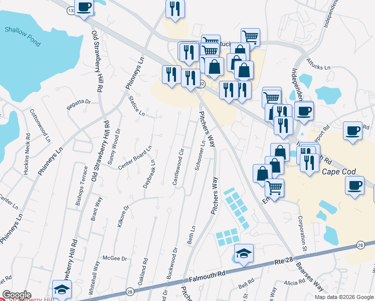 map of restaurants, bars, coffee shops, grocery stores, and more near 85 Castlewood Circle in Barnstable