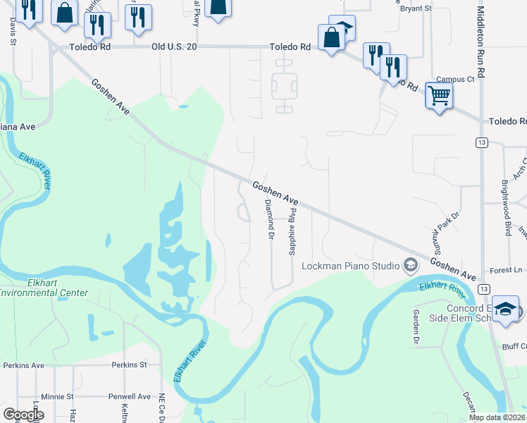 map of restaurants, bars, coffee shops, grocery stores, and more near 56473 Diamond Drive in Elkhart
