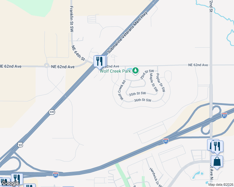 map of restaurants, bars, coffee shops, grocery stores, and more near 3500 Ash Drive Southwest in Bondurant