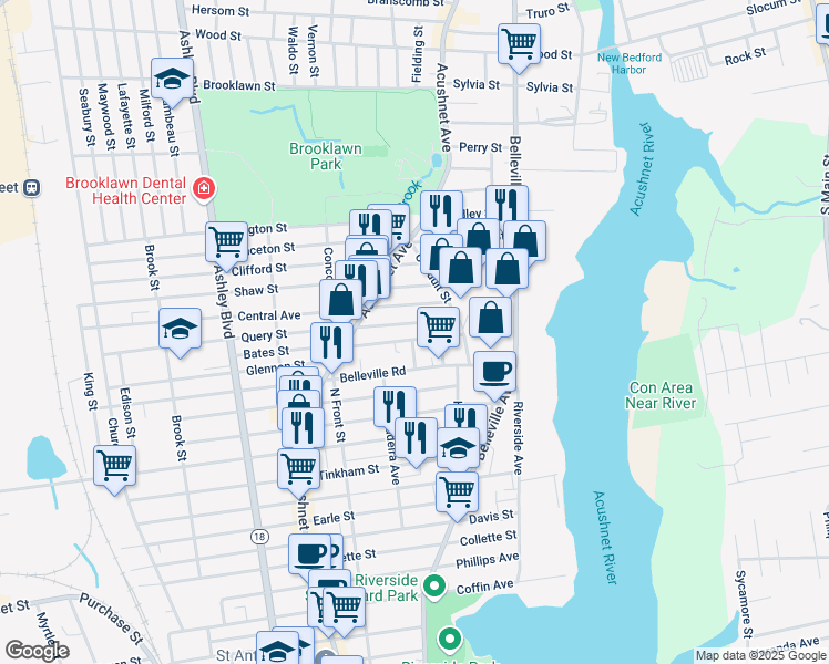 map of restaurants, bars, coffee shops, grocery stores, and more near 107 Bates Street in New Bedford