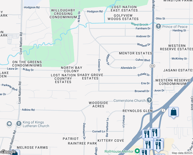 map of restaurants, bars, coffee shops, grocery stores, and more near 7116 Enfield Drive in Mentor