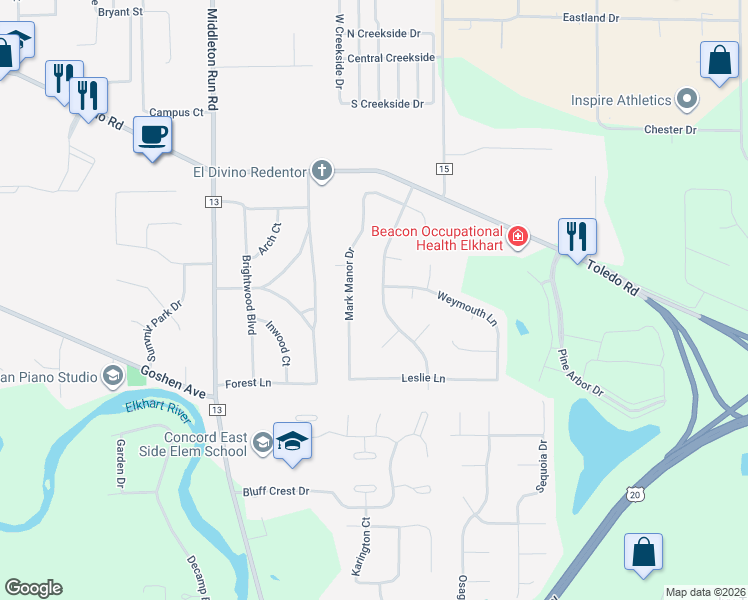 map of restaurants, bars, coffee shops, grocery stores, and more near 56790 Mark Manor Dr in Elkhart