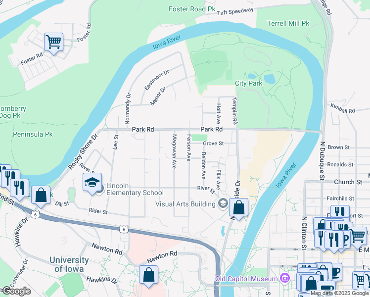 map of restaurants, bars, coffee shops, grocery stores, and more near 419 Ferson Ave in Iowa City