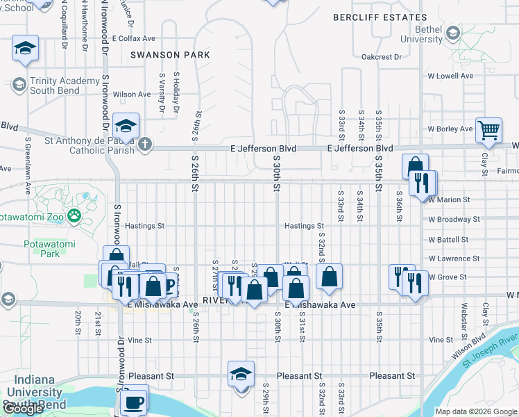 map of restaurants, bars, coffee shops, grocery stores, and more near 614 South 29th Street in South Bend
