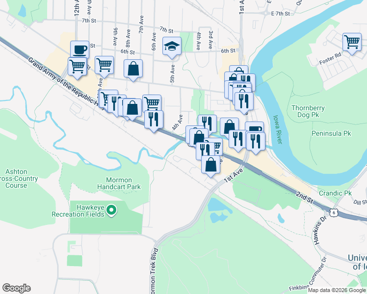map of restaurants, bars, coffee shops, grocery stores, and more near 320 2nd Street in Coralville