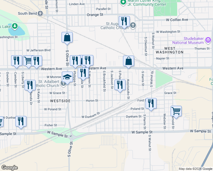 map of restaurants, bars, coffee shops, grocery stores, and more near 501 South Jackson Street in South Bend