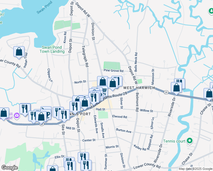 map of restaurants, bars, coffee shops, grocery stores, and more near 141 Division Street in Harwich