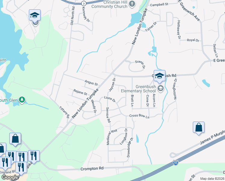 map of restaurants, bars, coffee shops, grocery stores, and more near 40 Jaycee Drive in West Warwick