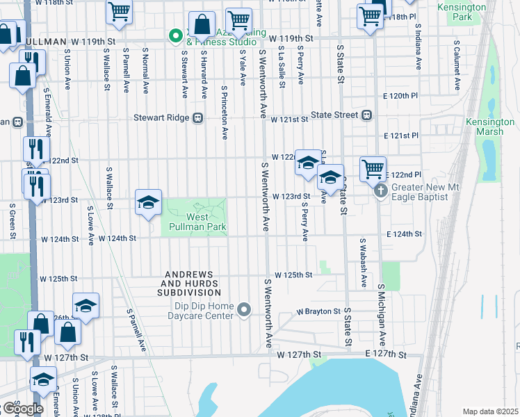 map of restaurants, bars, coffee shops, grocery stores, and more near 12323 South Wentworth Avenue in Chicago