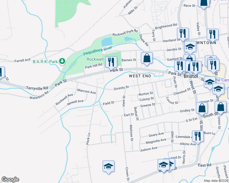map of restaurants, bars, coffee shops, grocery stores, and more near 289 Divinity Street in Bristol