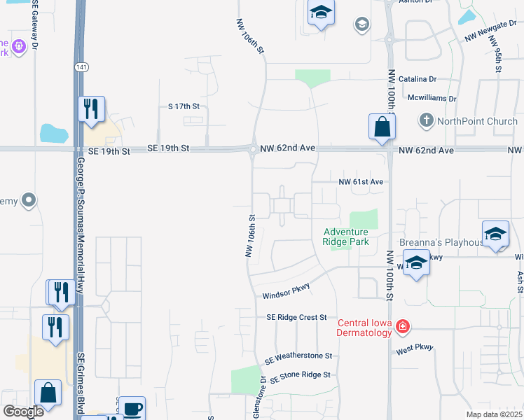 map of restaurants, bars, coffee shops, grocery stores, and more near 1025 Essex Drive in Johnston