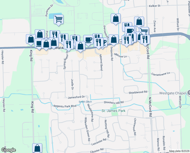 map of restaurants, bars, coffee shops, grocery stores, and more near 7048 Altonbrough Drive in Toledo
