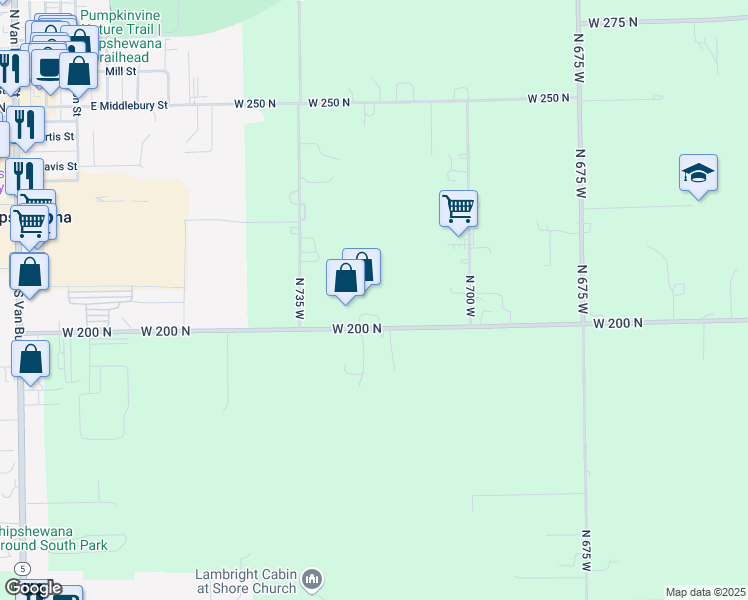 map of restaurants, bars, coffee shops, grocery stores, and more near 7205 West 200 North in Shipshewana