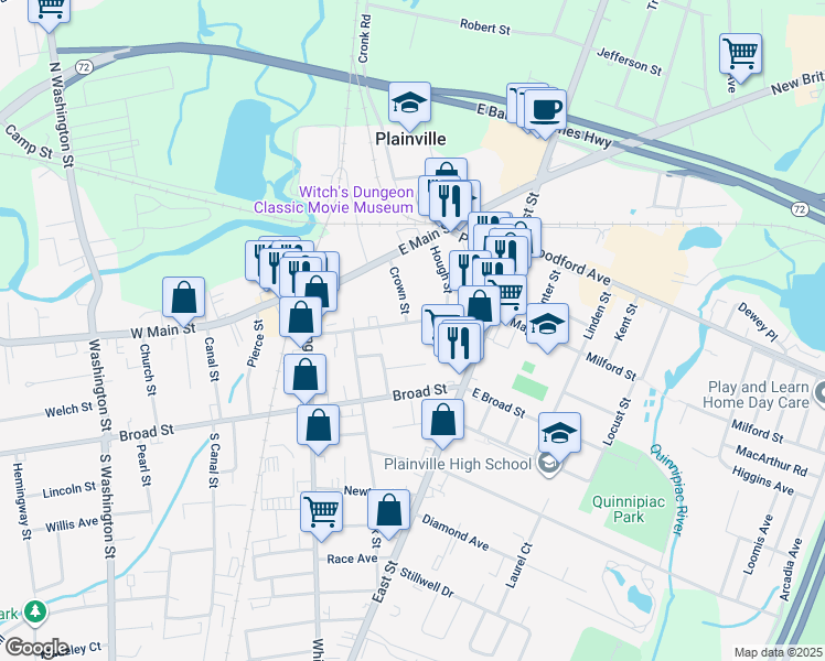 map of restaurants, bars, coffee shops, grocery stores, and more near 32 Maple Street in Plainville