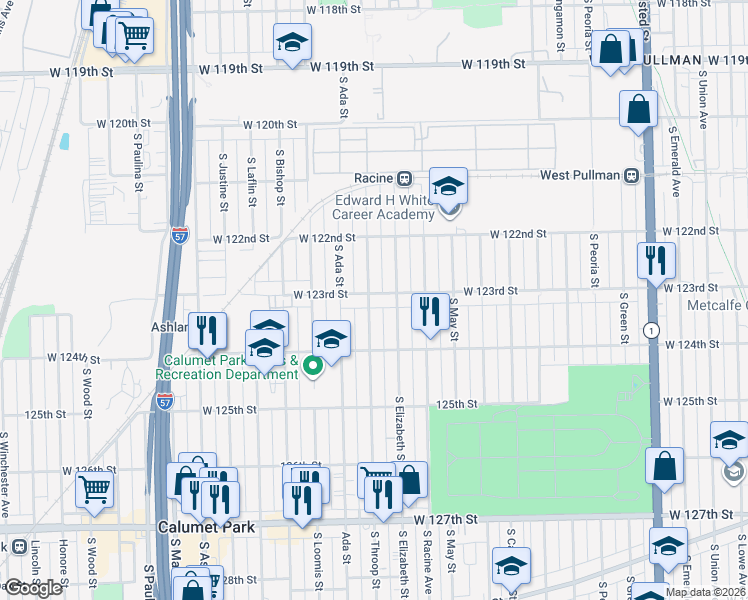 map of restaurants, bars, coffee shops, grocery stores, and more near 1243 West 123rd Street in Calumet Park