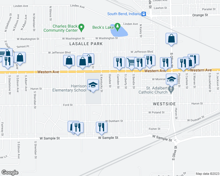 map of restaurants, bars, coffee shops, grocery stores, and more near 3100 Huron Street in South Bend