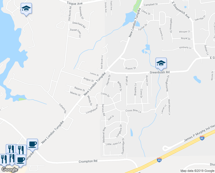 map of restaurants, bars, coffee shops, grocery stores, and more near 40 Jaycee Drive in West Warwick