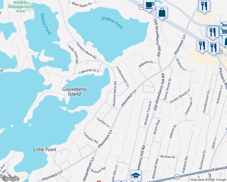 map of restaurants, bars, coffee shops, grocery stores, and more near 65 Huckins Neck Road in Barnstable