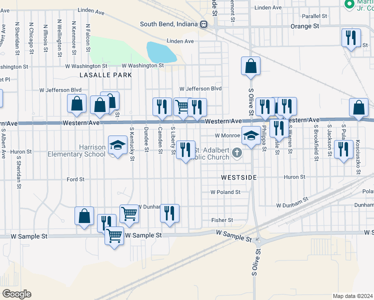 map of restaurants, bars, coffee shops, grocery stores, and more near 2800 Huron Street in South Bend