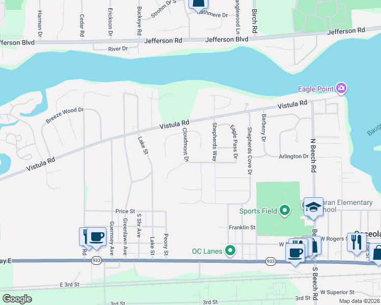 map of restaurants, bars, coffee shops, grocery stores, and more near 504 Cloudmont Drive in Osceola