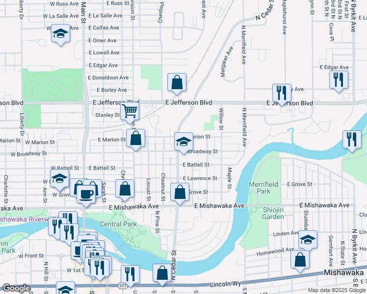 map of restaurants, bars, coffee shops, grocery stores, and more near 706 East Broadway Street in Mishawaka