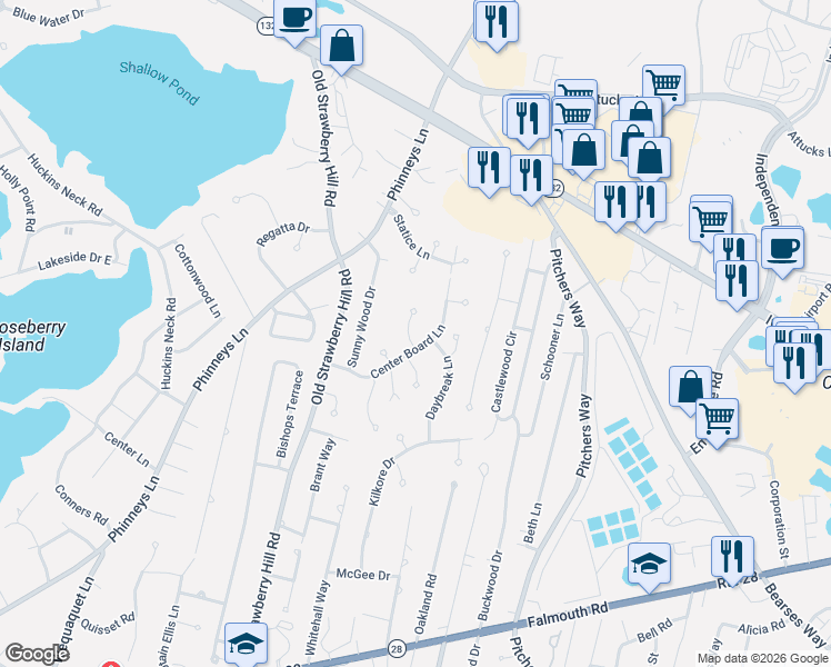 map of restaurants, bars, coffee shops, grocery stores, and more near 11 Eventide Lane in Barnstable
