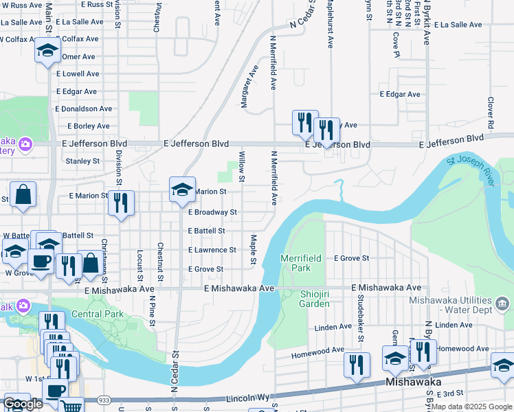 map of restaurants, bars, coffee shops, grocery stores, and more near 1000-1074 E Broadway St in Mishawaka