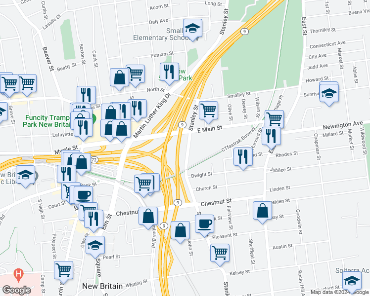 map of restaurants, bars, coffee shops, grocery stores, and more near 824 Stanley Street in New Britain
