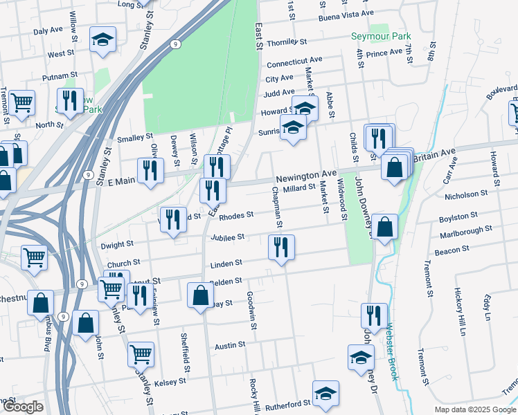 map of restaurants, bars, coffee shops, grocery stores, and more near 86 Rhodes St in New Britain