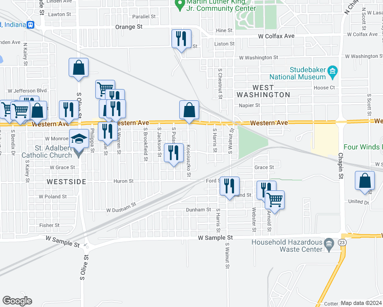 map of restaurants, bars, coffee shops, grocery stores, and more near 502 Kosciuszko Street in South Bend